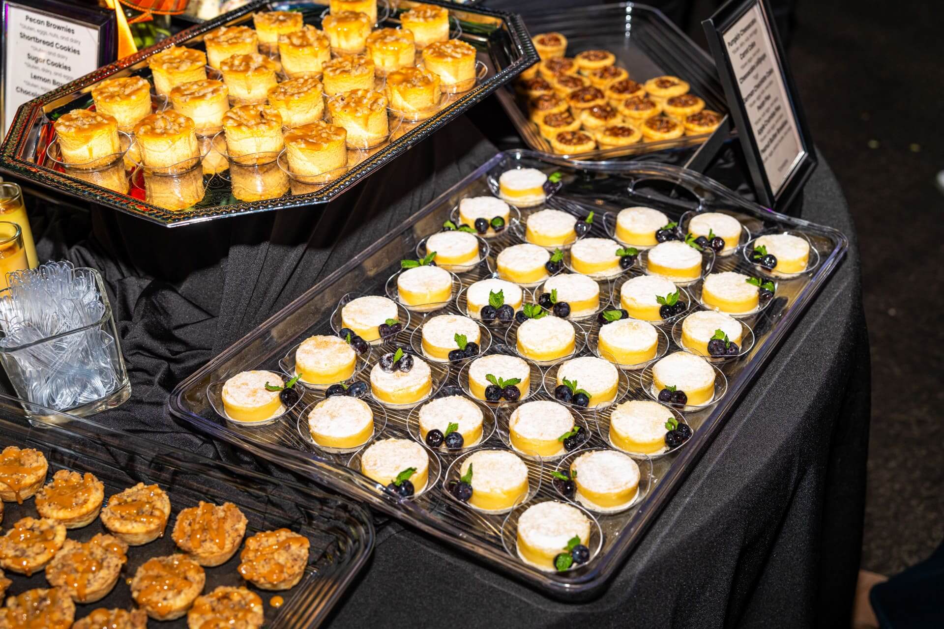 Close-up of assorted mini desserts including lemon bars, cheesecakes, and pecan bites displayed on trays.
