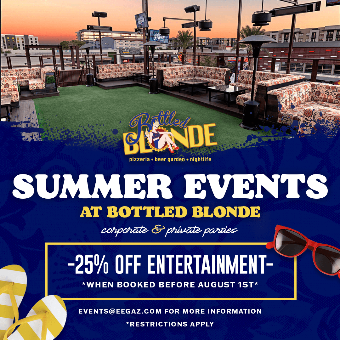 Rooftop patio at Bottled Blonde with lounge seating and summer events promotion text.