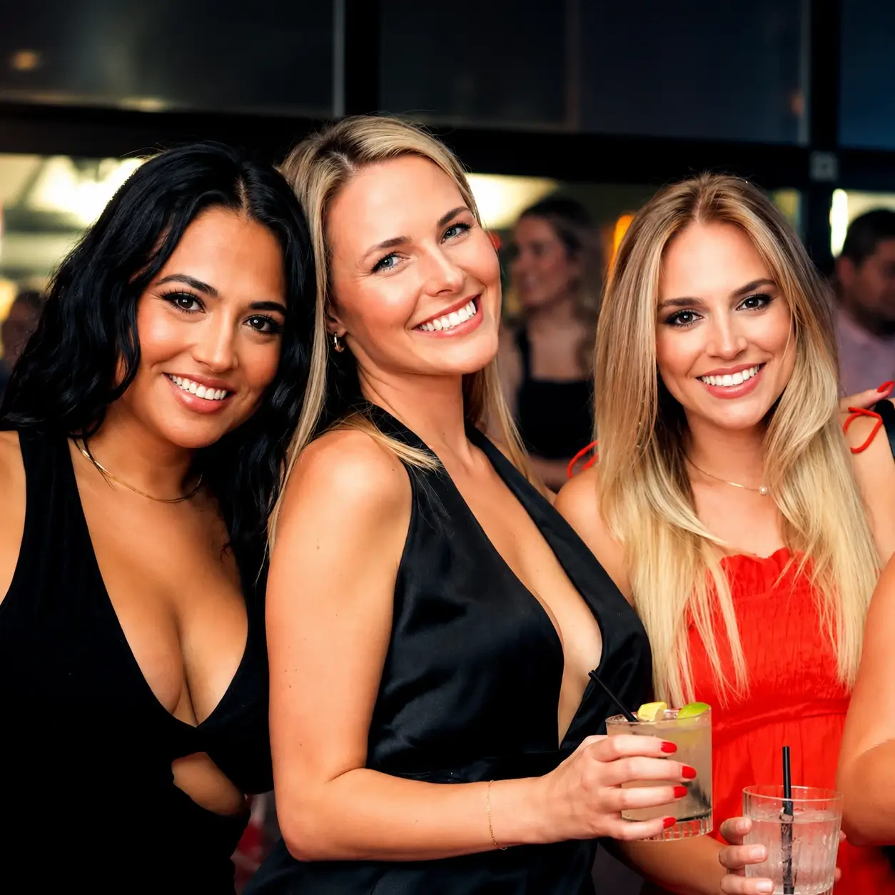Three guests smiling and holding drinks while socializing at a private event in a lounge setting.